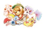  1girl alcremie alcremie_(strawberry_sweet) alcremie_(vanilla_cream) asymmetrical_hair brown_eyes brown_hair closed_mouth commentary_request copyright_name dog galarian_form galarian_ponyta gen_8_pokemon green_headwear holding holding_pokemon horn kumagorou_(pixiv874406) looking_at_viewer pokemon pokemon_(creature) pokemon_(game) pokemon_swsh short_hair simple_background smile sobble tears unicorn white_background yamper yuuri_(pokemon) 