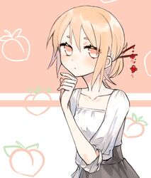  1girl blonde_hair blouse blush brown_skirt buttoniris closed_mouth food fruit hair_bun hair_ornament hairpin high-waist_skirt highres long_sleeves looking_at_viewer original peach pink_eyes short_hair skirt solo symbol_commentary two_(buttoniris) white_blouse 