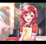  1girl :d bangs chalkboard character_name curtains door eneco feathers flower frame grand_piano hair_flower hair_ornament happy_birthday highres indoors instrument letterboxed light_particles light_rays looking_at_viewer love_live! love_live!_school_idol_project nishikino_maki open_mouth piano redhead short_sleeves smile solo upper_body violet_eyes 