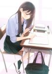  1girl ama_mitsuki bag black_legwear blush brown_eyes brown_hair chair commentary_request desk long_hair mechanical_pencil necktie original pencil pencil_case pleated_skirt school_bag school_chair school_desk school_uniform shoes sitting skirt socks solo uwabaki 