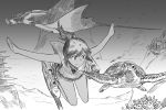  1girl coral fish i-401_(kantai_collection) kantai_collection monochrome outstretched_arms ponytail rigging sailor_collar sebas_murasaki stingray turtle underwater 