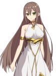 1girl adele_(fate) armlet bangs bare_shoulders breasts brown_hair closed_mouth dress elfenlied22 fate/grand_order fate_(series) green_eyes hair_between_eyes highres jewelry long_hair looking_at_viewer medium_breasts neck_ring simple_background solo underbust very_long_hair white_background white_dress 