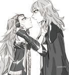  2girls armor black_cape braid byleth_(fire_emblem) byleth_eisner_(female) cape fire_emblem fire_emblem:_three_houses from_side greyscale hair_ornament hair_ribbon hands_on_another&#039;s_face highres long_hair md5_mismatch medium_hair monochrome multiple_girls nimae04 pointy_ears pout ribbon ribbon_braid sothis_(fire_emblem) tiara upper_body white_background yuri 