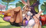  2girls absurdres animal_ears barefoot brown_eyes bunny_girl chakram character_request dark_skin dress ears_through_headwear eyewear_on_head feet final_fantasy final_fantasy_xiv highres jewelry looking_at_another multiple_girls necklace pengnangehao purple_hair rabbit_ears revealing_clothes ring shirt sunglasses toes viera violet_eyes weapon white_dress white_hair white_shirt yuri 