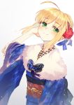  1girl ahoge artoria_pendragon_(all) blonde_hair blue_kimono blush braid braided_bun buttoniris closed_mouth commentary english_commentary eyebrows_visible_through_hair fate/stay_night fate_(series) flower fur-trimmed_kimono fur_trim green_eyes hair_flower hair_ornament hand_up head_tilt highres japanese_clothes kimono long_sleeves looking_at_viewer obi red_flower red_rose rose saber sash simple_background smile solo upper_body white_background wide_sleeves 