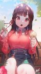  1girl bangs black_skirt blurry blurry_foreground braid breasts brown_hair commentary_request day depth_of_field food hair_ribbon holding holding_food ice_cream ice_cream_cone idolmaster idolmaster_shiny_colors kuri_choko long_hair long_sleeves medium_breasts mouth_hold on_bench outdoors red_ribbon red_shirt ribbon shirt shirt_tucked_in skirt solo sonoda_chiyoko straight_hair very_long_hair 