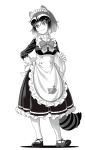  1girl alternate_costume animal_ears blush bow breasts closed_mouth common_raccoon_(kemono_friends) eyebrows_visible_through_hair full_body greyscale hair_between_eyes hand_on_hip highres holding holding_tray japari_symbol kemono_friends kosai_takayuki long_sleeves looking_away maid medium_breasts monochrome multicolored_hair pantyhose raccoon_ears raccoon_girl raccoon_tail short_hair smile solo tail tray two-tone_hair 
