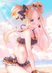  1girl abigail_williams_(fate/grand_order) bangs bare_shoulders beach bikini black_bikini black_bow blonde_hair blue_eyes blue_sky blush bow breasts double_bun eating emerald_float fate/grand_order fate_(series) food forehead fruit hair_bow light_rays long_hair looking_at_viewer multiple_bows navel ocean open_mouth orange_bow parted_bangs polka_dot polka_dot_bow scrunchie seiza sidelocks sitting sky small_breasts solo strawberry sunlight suzuho_hotaru swimsuit thighs wrist_scrunchie 
