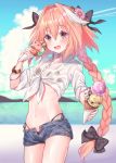  1boy astolfo_(fate) bangs beach bikini bikini_under_clothes black_bikini black_bow blue_shorts blue_sky blush bow braid collared_shirt denim denim_shorts dress_shirt fang fate/apocrypha fate/grand_order fate_(series) flower food hair_flower hair_intakes hair_ornament ice_cream long_braid long_hair long_sleeves looking_at_viewer midriff multicolored_hair navel ocean open_mouth otoko_no_ko pink_hair shirt short_shorts shorts single_braid skin_fang sky smile solo streaked_hair suzuho_hotaru swimsuit thighs tied_shirt violet_eyes white_hair white_shirt 