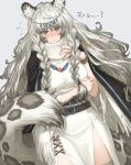  1girl animal_ear_fluff animal_ears arknights belt blush braid breasts dress eyebrows_visible_through_hair flying_sweatdrops jewelry leopard_ears leopard_tail long_hair looking_at_viewer necklace pout pramanix_(arknights) shoe-ji solo tail thigh-highs turtleneck very_long_hair white_dress 