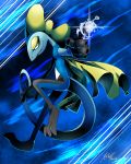  blue_background commentary creature dated english_commentary full_body gen_8_pokemon highres inteleon kivwolf no_humans pokemon pokemon_(creature) signature smirk solo water yellow_eyes 