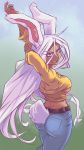 1girl animal_ears arms_up ass boku_no_hero_academia breasts bunny_tail casual dark_skin denim dimples_of_venus highres jeans long_eyelashes long_hair looking_at_viewer looking_back medium_breasts mirko pants parted_lips plague_of_gripes rabbit_ears smile solo sweater tail very_long_hair walking yellow_sweater 