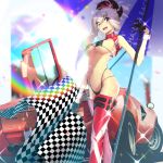  1girl artist_request asymmetrical_hair black_gloves blue_eyes boots breasts car checkered checkered_flag earrings eyebrows_visible_through_hair eyes_visible_through_hair fate/grand_order fate_(series) flag gloves ground_vehicle hair_ornament highleg highres holding holding_umbrella jewelry lamborghini large_breasts midriff miyamoto_musashi_(fate/grand_order) motor_vehicle open_mouth pink_hair ponytail racequeen rainbow solo sweat thigh-highs thigh_boots umbrella under_boob 