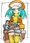  1girl alternate_color blue_eyes breasts cabbie_hat closed_mouth commentary_request dakusuta fingerless_gloves gloves hat highres jacket looking_at_viewer rockman rockman_dash roll_caskett shorts simple_background solo thigh-highs 