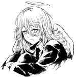  1boy angel angel_devil_(chainsaw_man) angel_wings black_neckwear black_suit chainsaw_man closed_mouth expressionless hair_between_eyes halo knees_to_chest long_hair looking_at_viewer monochrome necktie simple_background white_background wings zanki 