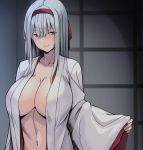  1girl breasts embarrassed hachimaki headband highres indoors japanese_clothes kantai_collection kimono large_breasts long_hair looking_at_viewer navel satou_samu shouji shoukaku_(kantai_collection) silver_hair sliding_doors smile yellow_eyes 