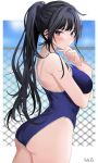  1girl ass black_eyes black_hair blue_sky blue_swimsuit blurry breasts chain-link_fence clouds commentary_request competition_school_swimsuit cowboy_shot depth_of_field fence hand_on_own_chin highres long_hair medium_breasts original ponytail school_swimsuit sky solo swimsuit twitter_username xretakex 
