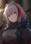  1girl arknights bangs black_jacket black_scarf blurry blurry_background breasts brown_eyes commentary eyebrows_visible_through_hair grey_shirt highres horns jacket large_breasts looking_at_viewer open_clothes open_jacket parted_lips san_zhi_chun scarf shirt short_hair silver_hair solo upper_body w_(arknights) 