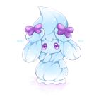  alcremie alcremie_(mint_cream) alcremie_(ribbon_sweet) cesar commentary_request creature english_text full_body gen_8_pokemon highres looking_at_viewer no_humans pokemon pokemon_(creature) simple_background solo standing violet_eyes white_background 