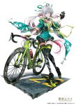  1girl bangs bicycle bike_shorts black_legwear blue_eyes eyebrows_visible_through_hair fingerless_gloves full_body gloves grey_hair ground_vehicle highres long_hair looking_at_viewer multicolored_hair open_mouth original swav thigh-highs two-tone_hair white_background 