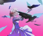  1girl bird bird_on_hand blonde_hair buttoniris commentary crow double-breasted dress english_commentary from_side gradient gradient_background hand_up original pink_background purple_dress red_eyes solo two_(buttoniris) 