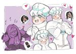  2boys annoyed candy capelet chocolate_bar cookie_run dark_choco_cookie food hairlocs male_focus milk_cookie multiple_boys pauldrons personification purple_background purple_yam_cookie simple_background sitting spoken_character spoken_food white_hair 