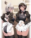  2girls apron aqua_eyes ass back_bow bangs black_hair black_legwear black_swimsuit blurry blush bow braid breasts closed_mouth competition_swimsuit cowboy_shot depth_of_field expressionless eyebrows_visible_through_hair indoors jonsun juliet_sleeves large_bow large_breasts long_hair long_sleeves looking_at_viewer maid maid_headdress mole mole_under_eye multiple_girls one-piece_swimsuit original picture_(object) puffy_sleeves shrug_(clothing) side_braid silver_hair skindentation smile swimsuit thigh-highs twitter_username waist_apron white_apron white_bow wrist_cuffs 