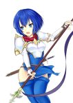  1girl armor blue_dress blue_eyes blue_hair blue_legwear breastplate catria_(fire_emblem) dress el_(el406) elbow_gloves fire_emblem fire_emblem:_mystery_of_the_emblem gloves headband highres holding holding_spear holding_weapon open_mouth pegasus_knight polearm sheath sheathed short_dress short_hair simple_background solo spear thigh-highs weapon white_background white_gloves white_headband zettai_ryouiki 