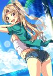  1girl alternate_costume ass azur_lane blonde_hair blue_shorts blue_sky blush breasts cleveland_(azur_lane) collared_shirt commentary_request cowboy_shot cutoffs day denim denim_shorts green_shirt high_heels highres holding holding_shoes long_hair looking_at_viewer looking_back macaroni_hourensou ocean one_side_up open_clothes open_mouth open_shirt outdoors palm_tree red_eyes shirt shoes shoes_removed short_shorts short_sleeves shorts sideboob sky small_breasts smile solo standing tree white_footwear 