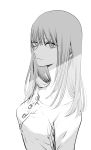 1girl breasts chainsaw_man expressionless eyebrows_visible_through_hair from_side highres long_hair looking_at_viewer makima_(chainsaw_man) medium_breasts monochrome ringed_eyes shirt sideways_glance simple_background small_breasts solo upper_body white_background white_shirt yokoyari_mengo 