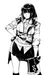  1girl bangs breasts character_request closed_mouth collared_shirt contrapposto fingerless_gloves girls_frontline gloves greyscale hand_on_hip heterochromia highres kneehighs large_breasts looking_at_viewer megaphone miniskirt monochrome name_tag pleated_skirt ro635_(girls_frontline) ruukii_drift shirt side_ponytail simple_background skirt smile solo sweater untucked_shirt white_background wing_collar 