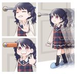  1girl :d afterimage before_and_after black_hair chibi clenched_teeth closed_eyes commentary_request door door_handle dress eyebrows_visible_through_hair fang fukumaru_koito idolmaster idolmaster_shiny_colors medium_hair meme moldau_(onsoku_pomuraisu) open_mouth partial_commentary plaid plaid_dress ribbon slippers smile socks teeth thumbs_up twintails unmoving_pattern violet_eyes 