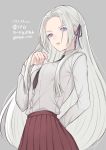  1girl akina_(akn_646) alternate_costume edelgard_von_hresvelg fire_emblem fire_emblem:_three_houses grey_background hair_ribbon highres long_hair long_sleeves necktie parted_lips ribbon simple_background solo twitter_username violet_eyes white_hair 