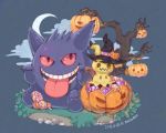  bare_tree candy commentary dated food gen_1_pokemon gen_7_pokemon gengar grass grey_background halloween hat hatted_pokemon jack-o&#039;-lantern lollipop looking_at_viewer mimikyu pikachu pokemon pumpkin red_eyes rock signature simple_background sitting symbol_commentary tongue tongue_out tree witch_hat 