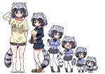  &gt;_&lt; 1girl adapted_costume alternate_costume animal_ears bare_legs barefoot beige_sweater black_neckwear black_skirt blue_hair blue_neckwear blue_sweater blush bow bowtie brown_eyes chibi child commentary_request common_raccoon_(kemono_friends) elbow_gloves eyebrows_visible_through_hair fang fur_collar gloves grey_hair highres holding_hands kemono_friends loafers long_sleeves multicolored_hair multiple_views navy_blue_jacket navy_blue_skirt ngetyan open_mouth pantyhose plaid_neckwear pleated_skirt puffy_short_sleeves puffy_sleeves raccoon_ears raccoon_girl raccoon_tail school_uniform shirt shoes short_hair short_shorts short_sleeves shorts skirt socks sweater t-shirt tail translation_request white_hair white_legwear younger 