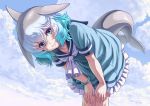1girl blue_eyes blue_hair blue_sky blush bracelet closed_mouth clouds collarbone common_bottlenose_dolphin_(kemono_friends) day dolphin_tail eyebrows_visible_through_hair grey_hair hands_on_own_knees highres jewelry kemono_friends kosai_takayuki leaning_forward looking_at_viewer outdoors short_hair short_sleeves sky smile solo tail wavy_hair white_hair white_neckwear