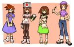  blush breasts brown_eyes brown_hair closed_mouth dakusuta dog dress gloves hat long_hair looking_at_viewer multiple_girls open_mouth rockman rockman_dash short_hair smile 