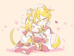  &gt;_&lt; 1boy 1girl :&gt; =_= animal arm_warmers bare_shoulders black_collar black_shorts blonde_hair blush_stickers cat_tail closed_eyes collar commentary crop_top dog_tail ears hair_ornament hairclip hands_on_another&#039;s_head heart hug kagamine_len kagamine_rin leg_warmers light_smile mutual_hug neckerchief necktie pink_background sailor_collar school_uniform shirt short_hair short_ponytail short_shorts short_sleeves shorts sitting spiky_hair suzumi_(fallxalice) tail vocaloid wariza white_shirt yellow_neckwear 