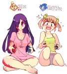 2girls :o amputee bare_arms bare_legs bare_shoulders barefoot blush breasts burn_scar camisole commentary controller double_amputee doubutsu_no_mori english_commentary flying_sweatdrops game_controller green_eyes grey_shorts hair_bobbles hair_ornament hair_over_one_eye ibarazaki_emi ikezawa_hanako joy-con katawa_shoujo light_brown_hair long_hair medium_breasts micro_shorts multiple_girls no_legs pink_shirt playing_games purple_hair rtil scar shirt shizue_(doubutsu_no_mori) short_hair short_sleeves short_twintails shorts simple_background smile sonic sonic_the_hedgehog super_smash_bros. twintails violet_eyes wavy_mouth white_background yellow_camisole 