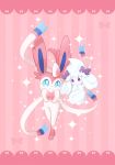  alcremie alcremie_(ribbon_sweet) alcremie_(salted_cream) ayan_(pixiv46456904) blue_eyes closed_mouth commentary creature eye_contact full_body gen_6_pokemon gen_8_pokemon highres looking_at_another no_humans pink_background pokemon pokemon_(creature) ribbon smile sparkle striped striped_background sylveon symbol_commentary trait_connection violet_eyes 