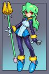  1girl android bodystocking closed_mouth crying dakusuta gloves green_hair highres long_hair looking_at_viewer pandora_(rockman) red_eyes robot_ears rockman rockman_zx solo staff weapon 
