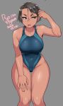  1girl 2020 agawa_ryou artist_name bare_shoulders black_hair breasts commentary covered_navel dark_skin dated green_eyes grey_background hand_on_thigh large_breasts leaning_forward looking_down original parted_lips short_hair signature simple_background solo thigh_gap thighs wet 