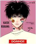  1boy bandaid bandaid_on_neck bishounen black_hair blue_eyes character_name closed_mouth english_text highres hntn_o male_focus pink_background portrait romaji_text rukawa_kaede shirt short_hair slam_dunk_(series) solo sticker_on_face straight-on toned toned_male white_shirt 