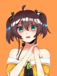  1girl absurdres bangs breasts brown_hair camisole collarbone disgust eye_contact eyebrows_visible_through_hair facing_viewer green_eyes hair_between_eyes hair_ornament hair_ribbon hands_together highres hololive jacket looking_at_another looking_at_viewer open_mouth orange_background pugpuggy ribbon short_twintails simple_background solo tied_hair twintails virtual_youtuber 