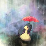  commentary_request creature full_body gen_3_pokemon holding holding_umbrella looking_up mawile nanami_marron no_humans outdoors pokemon pokemon_(creature) rain solo standing umbrella violet_eyes 