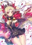  1girl absurdres ass_visible_through_thighs asymmetrical_legwear asymmetrical_sleeves bangs between_breasts black_cape black_legwear blonde_hair blush breasts buckle cape closed_mouth cowboy_shot diadem earrings ereshkigal_(fate/grand_order) eyebrows_visible_through_hair fate/grand_order fate_(series) floating_hair fur-trimmed_cape fur_trim gold_trim hair_ornament hair_ribbon highres hong_(white_spider) hoop_earrings infinity jewelry long_hair looking_at_viewer medium_breasts meslamtaea_(weapon) multicolored multicolored_cape multicolored_clothes necklace paid_reward parted_bangs patreon_reward petals red_cape red_eyes red_ribbon ribbon sidelocks single_sleeve single_thighhigh skull solo spine standing thigh-highs tiara two_side_up very_long_hair yellow_cape 