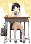  1girl bag black_hair bow bowtie chair closed_mouth desk eraser green_neckwear highres holding holding_pencil kneehighs long_hair long_sleeves notebook pencil pencil_case school_desk shinozaki_himeno shinozaki_himeno_no_koigokoro_q_&amp;_a sitting solo sweater uruu_gekka white_legwear 