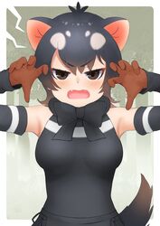  1girl absurdres bare_shoulders black_bow black_hair black_neckwear black_shirt blush bow bowtie breasts brown_eyes brown_gloves brown_hair claw_pose d: deku_suke detached_sleeves extra_ears eyebrows_visible_through_hair fangs gloves gradient_hair hair_between_eyes hands_up highres kemono_friends looking_at_viewer medium_breasts medium_hair multicolored_hair open_mouth shirt solo tail tasmanian_devil_(kemono_friends) tasmanian_devil_ears tasmanian_devil_tail upper_body 