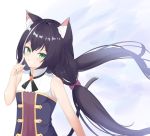  1girl animal_ear_fluff animal_ears bangs bare_arms bare_shoulders black_hair blush bow breasts cat_ears cat_girl cat_tail commentary_request floating_hair green_eyes grin hair_between_eyes hair_bow highres kyaru_(princess_connect) long_hair looking_at_viewer low_twintails multicolored_hair princess_connect! princess_connect!_re:dive purple_bow roido_(taniko-t-1218) shirt sleeveless sleeveless_shirt small_breasts smile solo streaked_hair tail tail_raised twintails upper_body v-shaped_eyebrows very_long_hair white_hair white_shirt 