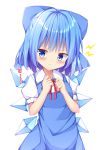  1girl :t arms_up bangs blue_dress blue_eyes blue_hair blush cirno clenched_hands dress hair_ribbon head_tilt highres kuraaken looking_at_viewer pinafore_dress pout puffy_short_sleeves puffy_sleeves red_neckwear red_ribbon ribbon shirt short_hair short_sleeves simple_background solo standing touhou upper_body white_background white_shirt wings 